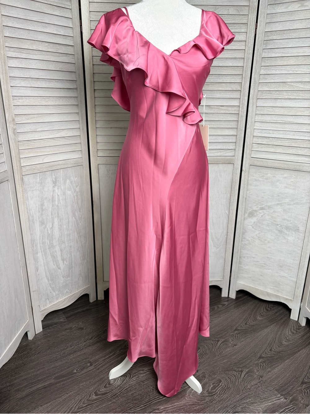 NWT PARKER sz2 satin cashmere pink long dress w/adjustable(right)sleeve.